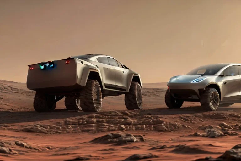 A Tesla 'Semi' (semi truck) is parked, at the Cydonia region on Mars. (CINEMATIC, WIDE ANGLE LENS, PHOTO REAL)