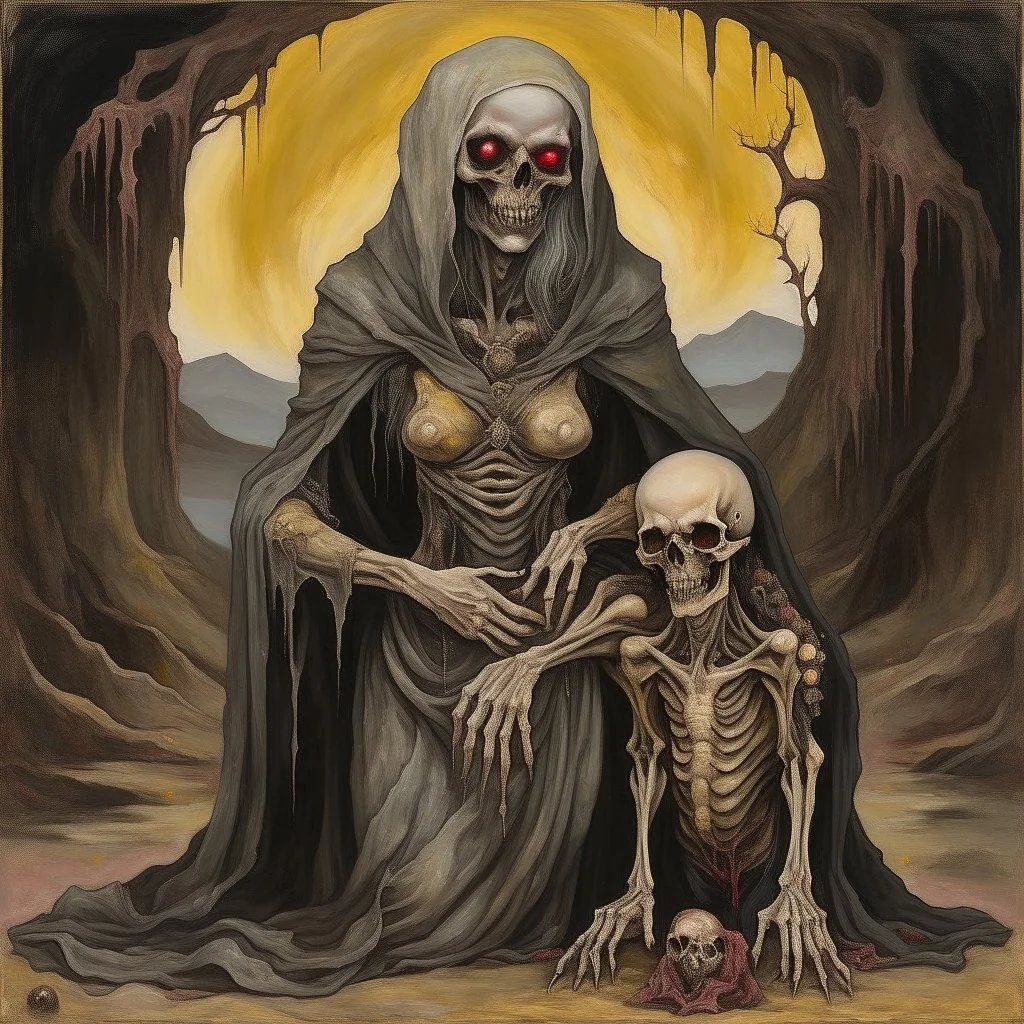 medieval painting depicts a decaying zombie Madonna figure with rotting flesh sitting upright while cradling a grotesque, otherworldly xenomorphic body with multiple tentacles. The zombie Madonna wears tattered, grey robes revealing decomposed skin, while the xenomorphic creature has pale, elongated segments and distorted features. The background shows a dark, twisted landscape inspired by Arnold Bocklin's composition style, with gnarled trees and swirling clouds reminiscent of Hieronymus Bosch