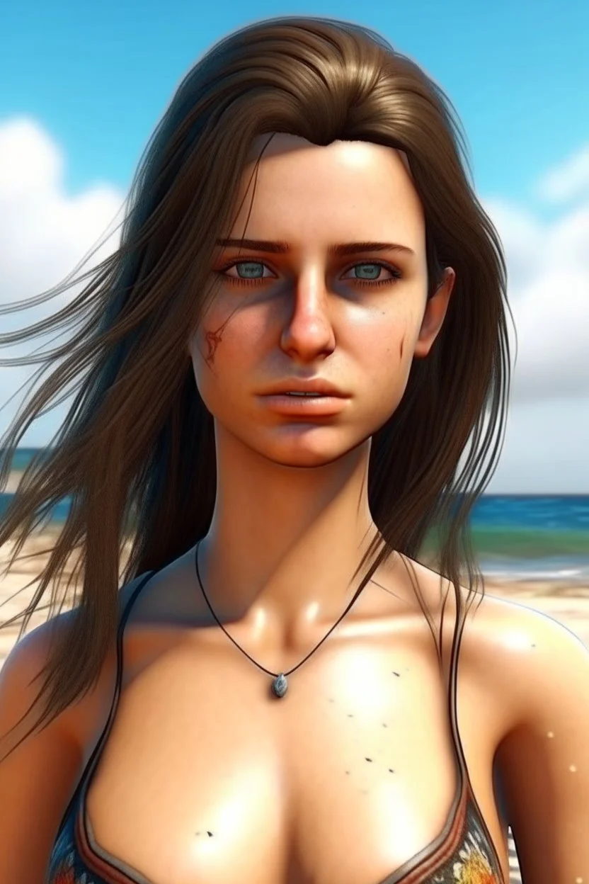 Frau, 28-jährig, realistische Haut, realistische Haare, ernsthafter Blick, bikini am strand.