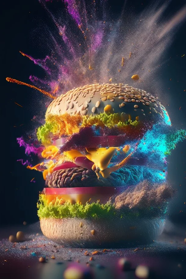 a single coloured burger exploding into dust, extremely detailed dust particle details, natural colours, meticulously intricate perfectly symmetrical extremely detailed, pixiv daily ranking, pixiv, extreme depth of field, artstation, sculpture style, spectacular details, volumetric lighting, masterpiece, cinematic, Hollywood production, 8k resolution, high definition, max octane render, vivid colors, max resolution, unreal engine , max perfectionism, realistic composition, professional photograp