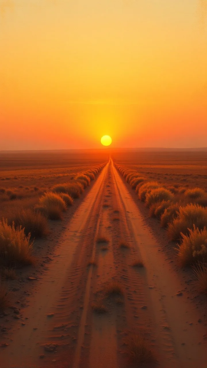 very dusty dirt path with sunset in the prairies, low horizon line, old western, painting based on grainy photo, orange brown tones