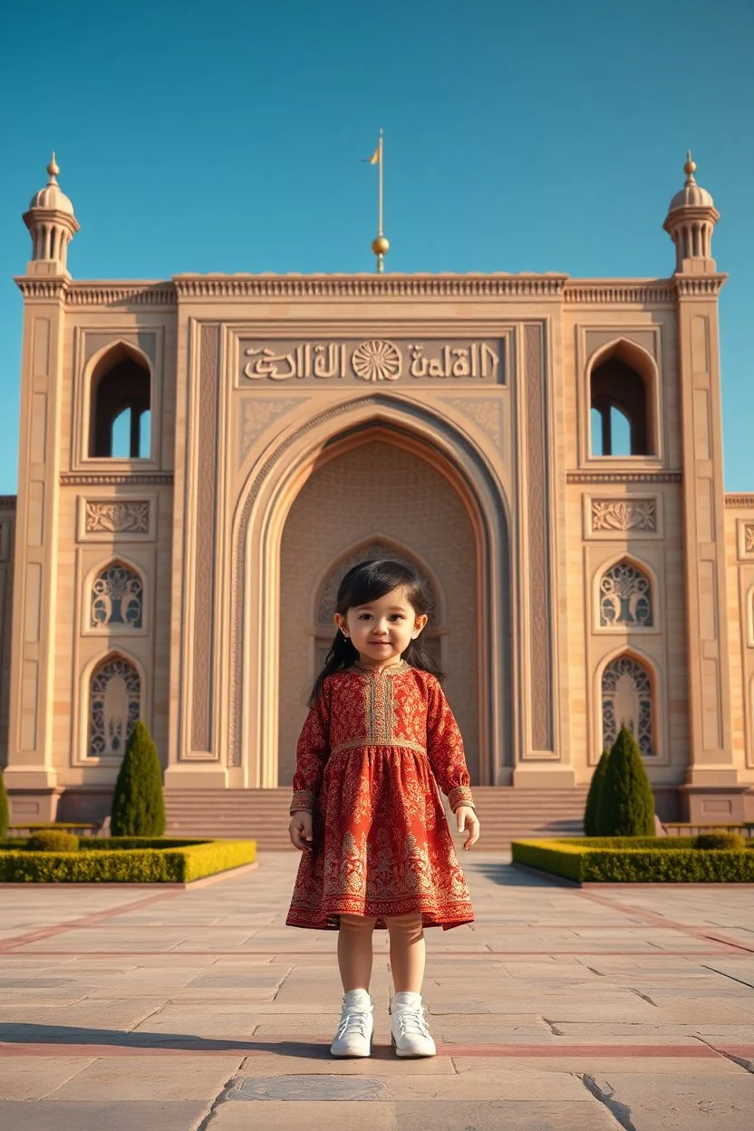 a little girl that is standing in front of a building, a picture, arabesque, !8k!, kazakh, insanely cute, amazing cgi, kurdistan, adorable outfit, a still of a happy, so cute