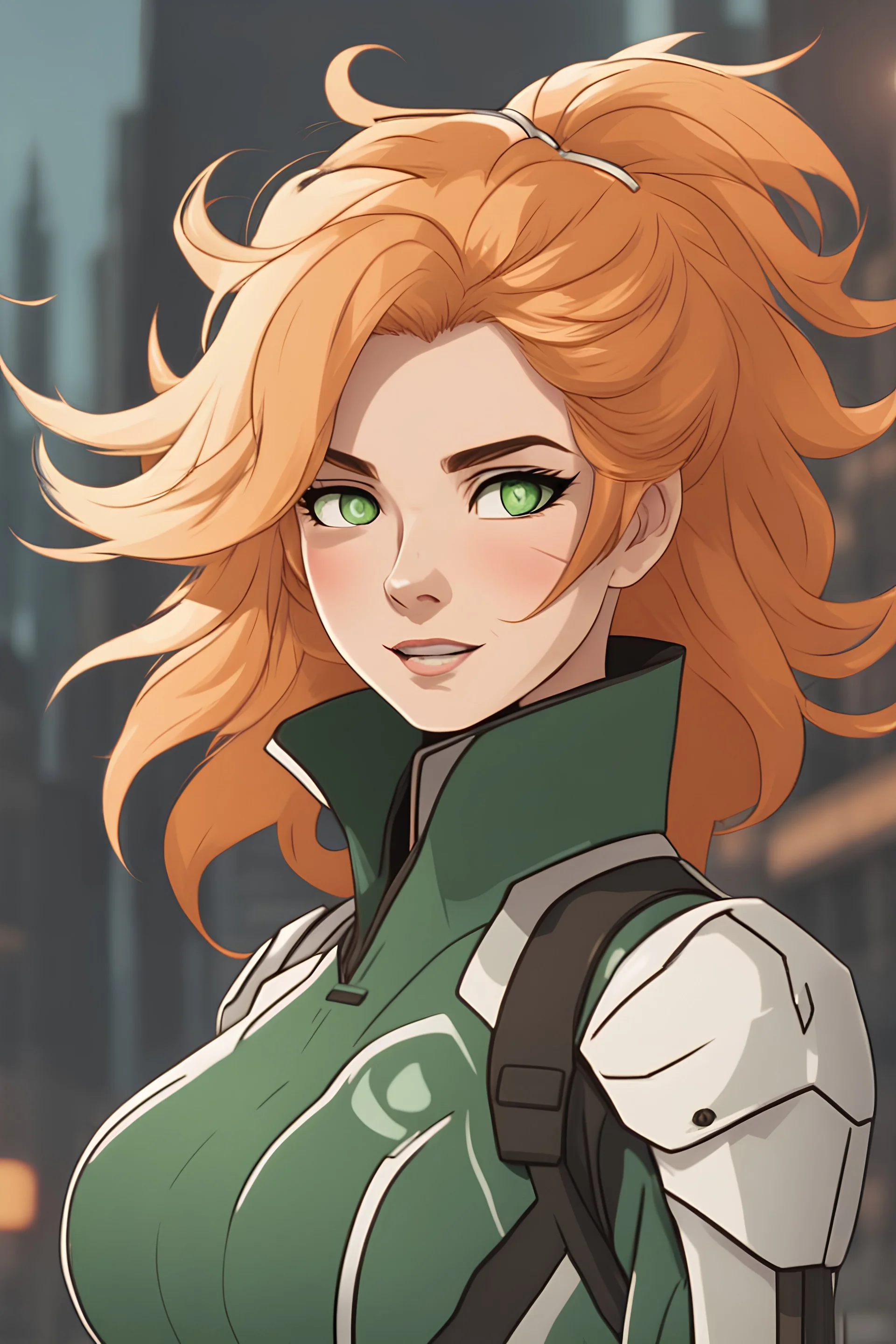 Woman with wild hair, orange and cream-colored hair, dark green eyes, wearing futuristic green and cream-colored uniform, cheerful, urban background, RWBY animation style