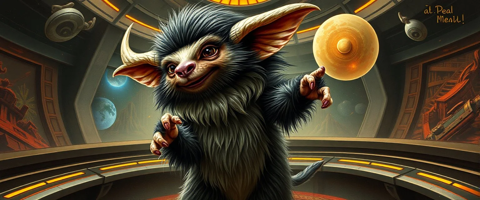 fluffy mean alien gremlin dog bison badger star ship bridge captain dancing in the style of Rembrandt and Escher and Dali