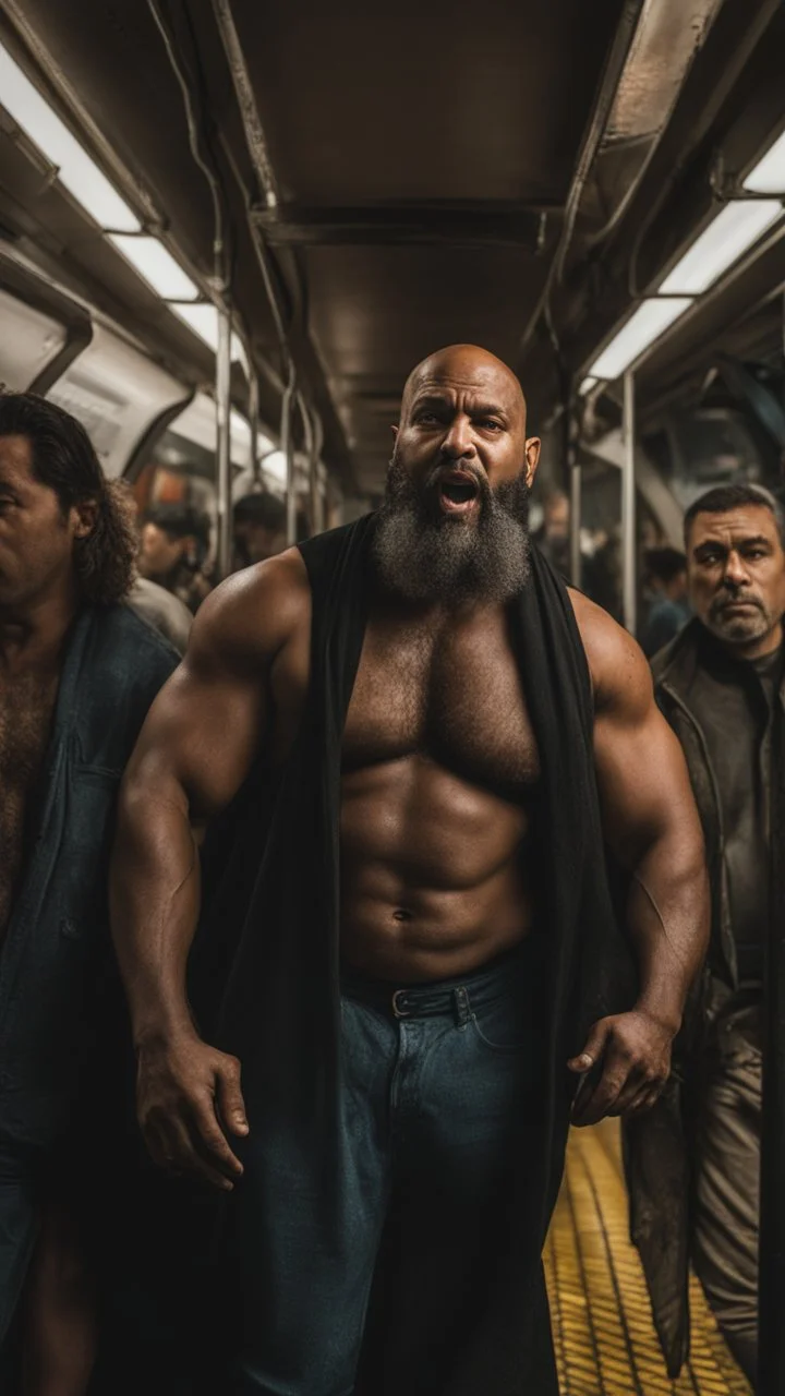 full figure photography of an ugly dirty arab burly muscular beefy strong man 47 years old with raided beard, shaved hair,, ajar mouth, photorealistic ,shirtless, side light, inside a crowded subway station , neon lights