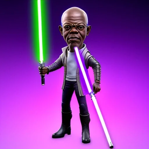 Hairless Samuel jackson purpleGlow jedi bobblehead holding a Single (purple) lightsaber sword Handle and boots