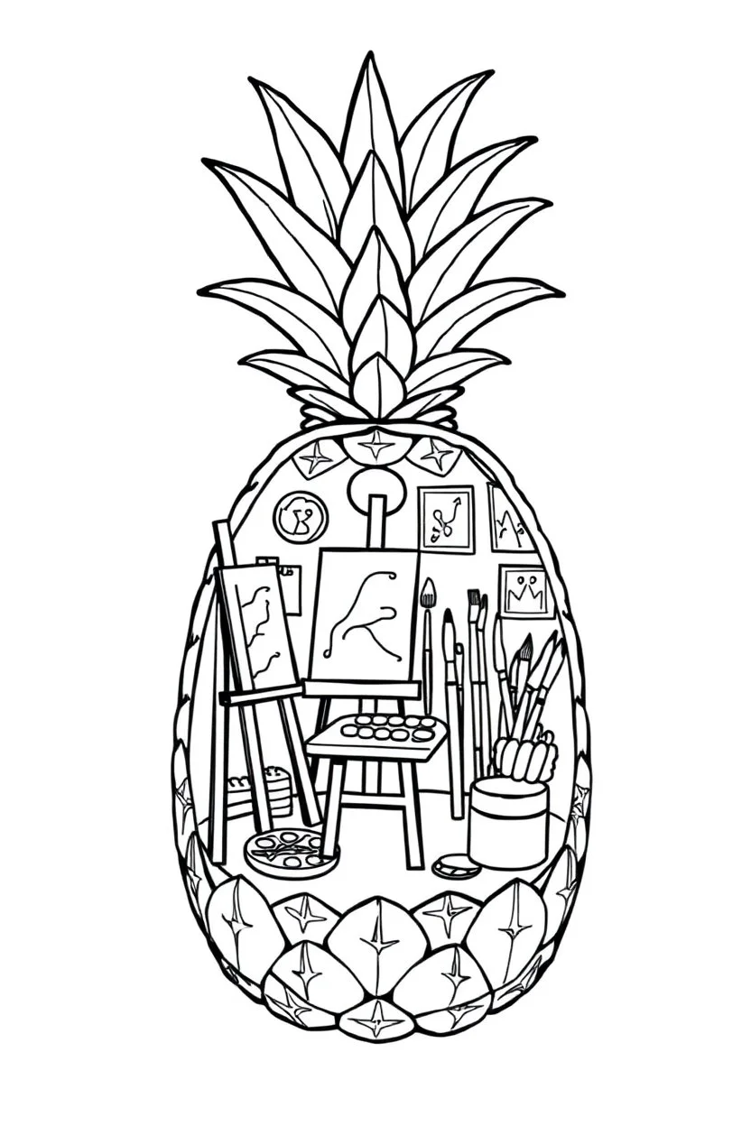 Pineapple Cozy Art Studio Coloring Page: A pineapple cross-section displaying an art studio. Features an easel, paint palettes, brushes, and artworks hung on the walls.