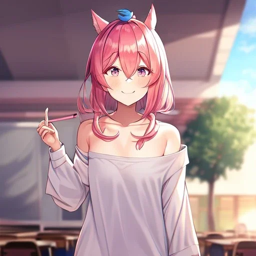 Clear focus, High resolution, a anime adult, cute, cartoony style, smiling, hair between eyes, holding a pencil, small forhead, female, medium length hair, long locks, lots of bangs, teacher, wearing a off shoulder shirt, no spaghetti straps, peach hair colour, kitsune ears down