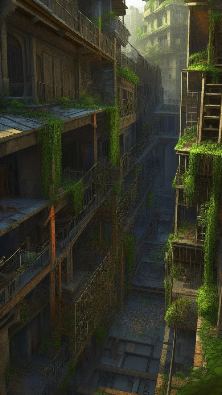 maze, Narrow steep staircase, Old Building, Floating buildings, Urban, City rain, art by miyazaki and Ian McQue and Akihiko Yoshida and Katsuya Terada, colorful, trending on artstation, gorgeous, ultra-detailed, realistic, 8k, octane render, hyper detailed, cinematic