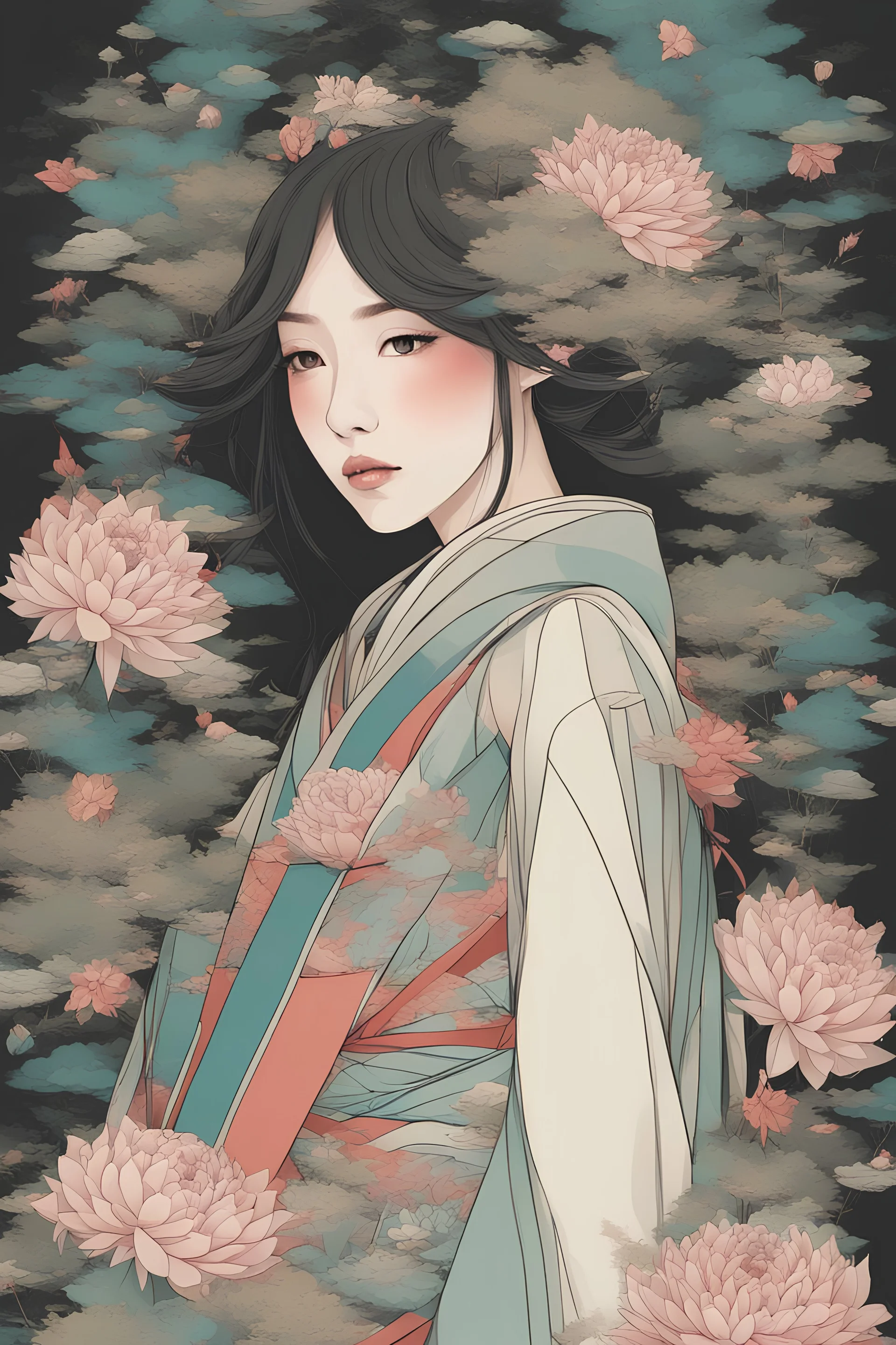 asian in forest flowers geometric art girls