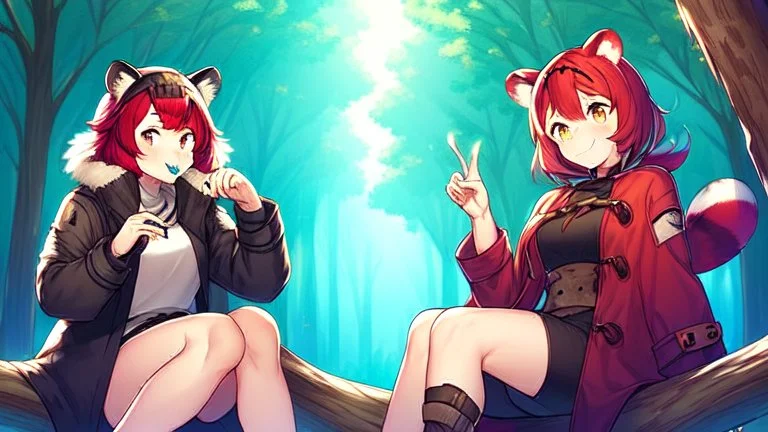 Two Girls, red hair, raccoon ears, raccoon tail, raccoon muzzle on face, forest, sit on tree, raccoon paws on hand, paws on foot, coat on neck,with tongue out