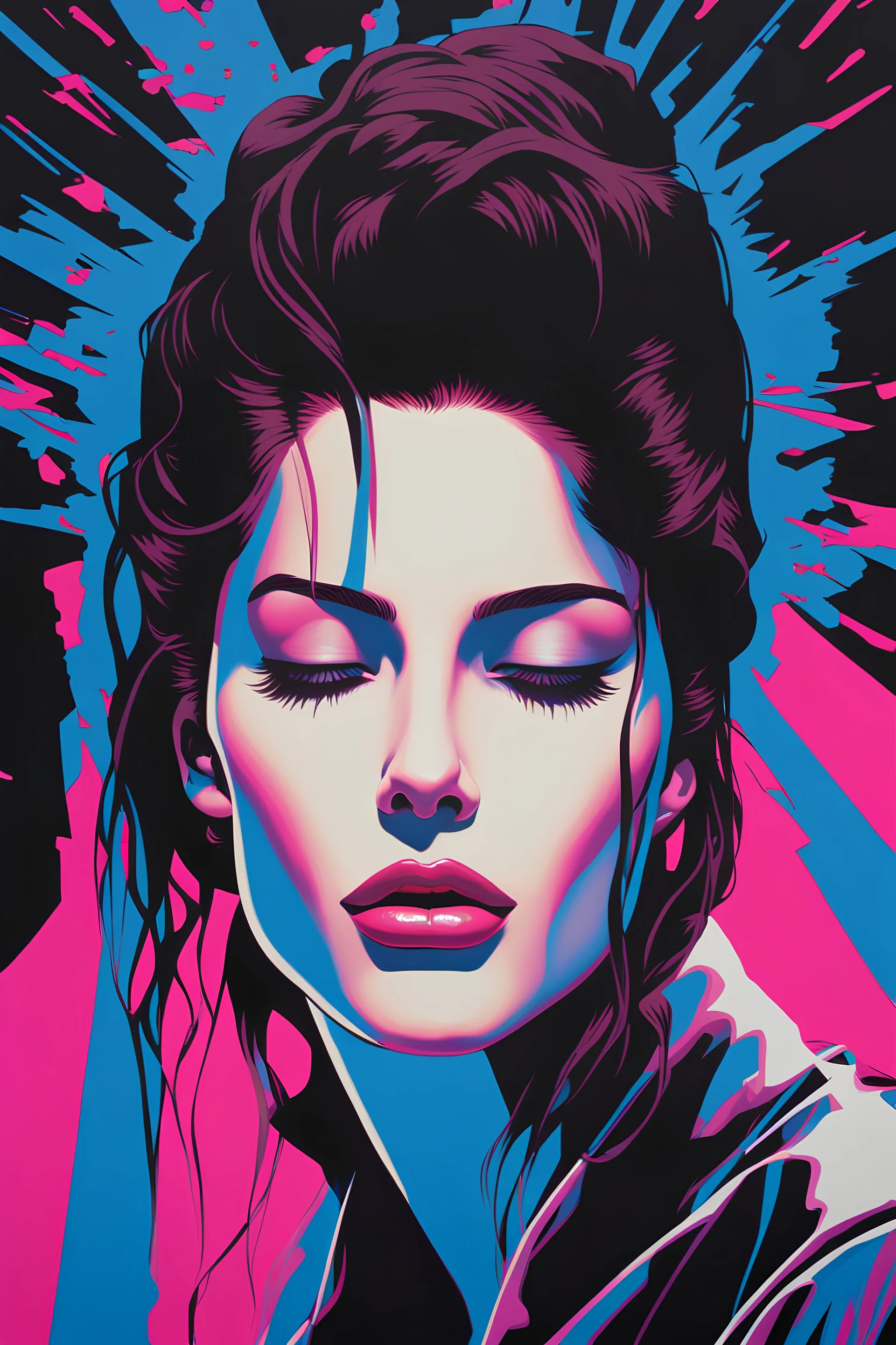 close-up ((head down ((((man)))) in sorrow-eyes closed)) - long floating brown hair ((shattered in many ghostly overprinted faces)) of women and men ((surrounding shadow faces)). Neon electric Blue to neon fuchsia Dark mood, Oil neon painting Expressionit art ((80's horror poster)), Patrick Nagel, synthwave, Photo realistic.