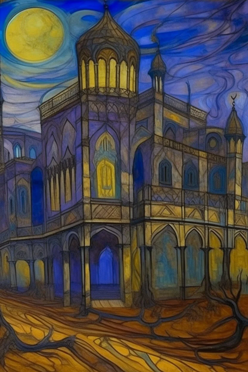 A purple haunted Arabian palace with spiritual souls painted by Vincent van Gogh