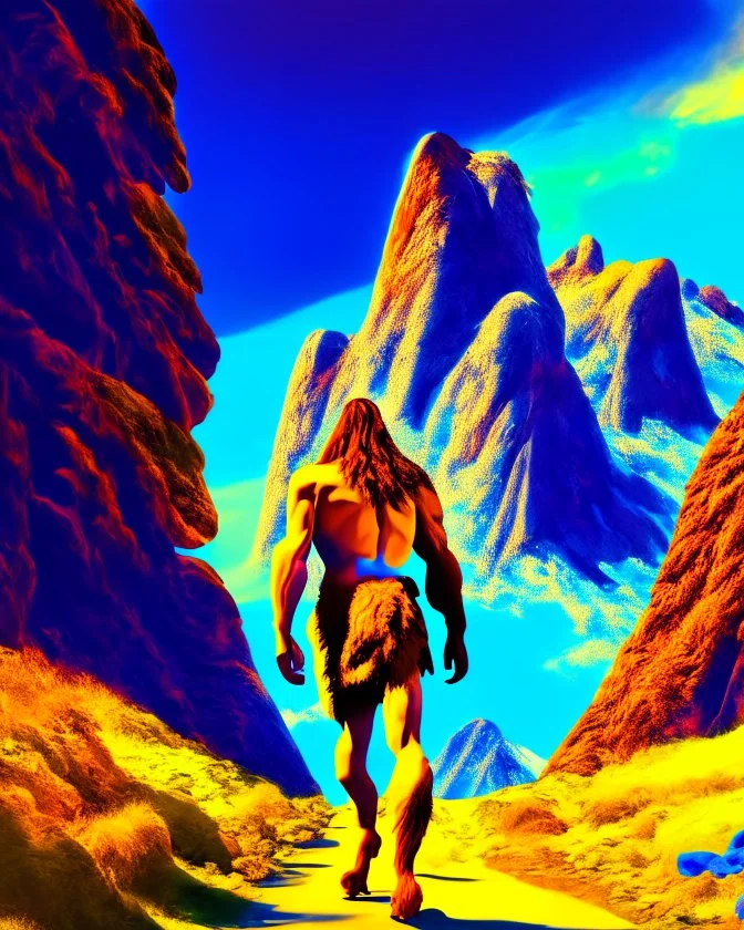 Imagina el hombre de Neandertal caminando de frente a la camara por montañas colores complementarios arte digital foto realista obra de arte hiperdetallada intrincada sombras 3D iluminación cinematografica 8k 3D cuerpo completo clima soleado nubes