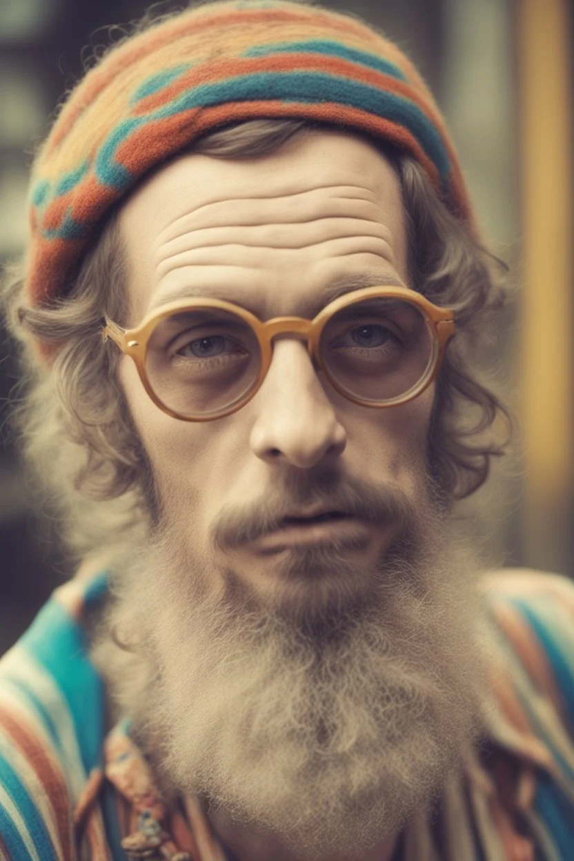 Hippie bohemian young ugly man with Parisian bohemian look and glasses of colours and poor and short short short and poor hair on the head with receding hairline. Farsightedness glasses with big eyes. Long beard. Vintage look and feel like photo styleof the 70s