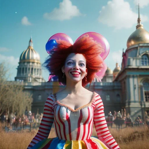 Ultra realistic circus scene. Sweet big hair monster flying, playing with Child’s, smile, happy, color bubbles, smooth color, waist up view, Wes Anderson style, a lot of people background, highly detailed, concept art, unreal engine 5, god rays, ray tracing, RTX, lumen lighting, ultra detail, volumetric lighting, 3d, finely drawn, high definition, high resolution.