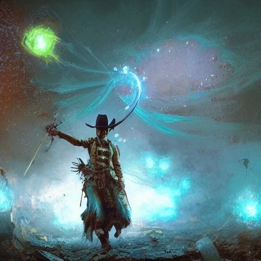 Insanely detailed photograph of an “ a midevil cowboy warrior "with worn Sombrero, handsome charo,cigar,glowing bluish green orb in outstretched hand, hyperdetailed painting by Ismail Inceoglu Huang Guangjian and Dan Witz CGSociety ZBrush Central fantasy art album cover art,8K, hdr, mysterious, flickeringlights ,Stoic