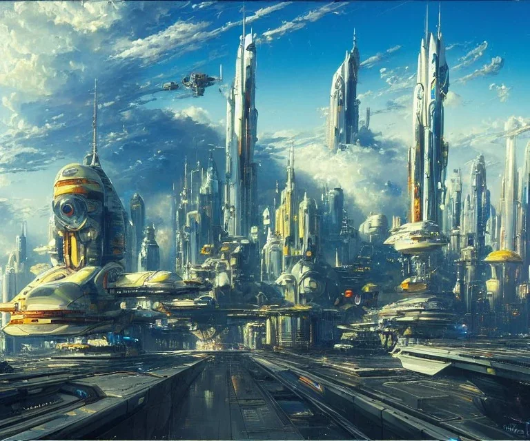 Spaceship starting from a Spaceport on a heavy industrialized planet with a vibrant city in the background, art by John Berkey, buildings with glass facades, insanely detailed, vibrant, 8k uhd, cinematic atmosphere, ultra-wide angle, street level view, brush strokes, blue sky with clouds, sharp focus