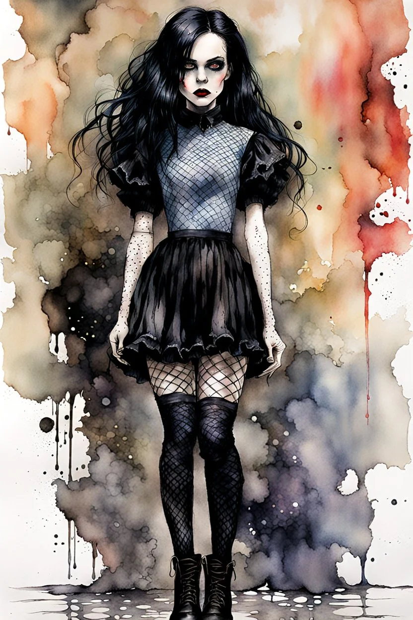 Create and fine print ink wash and watercolor full body portrait illustration of a Goth Girl ball jointed porcelain doll, with finely lined and detailed facial features in a ragged gothic dress, fishnet stockings ,battered combat boots, , in the graphic novel style of Bill Sienkiewicz, and Jean Giraud Moebius, precisely drawn, colored and inked