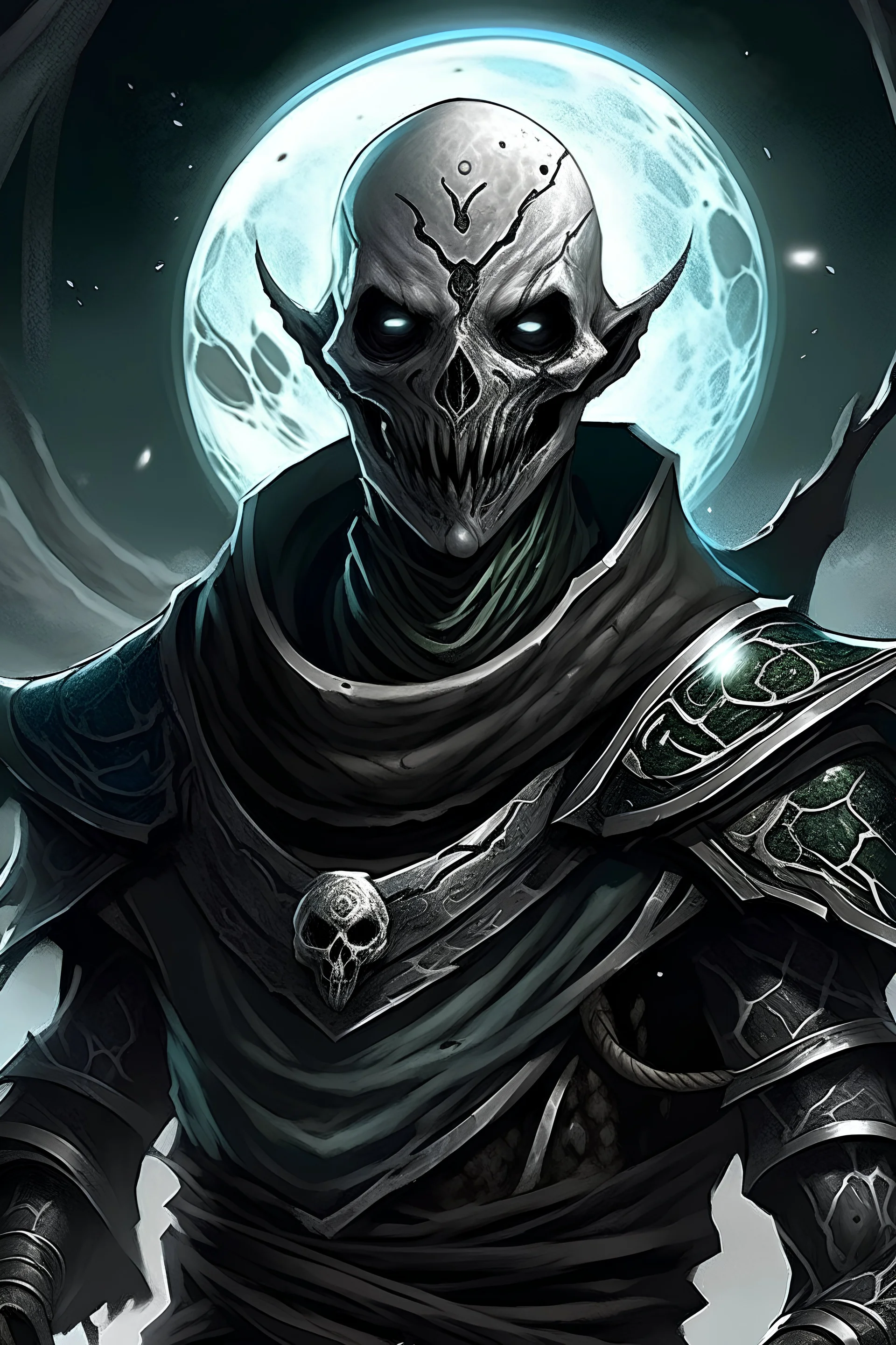 Aetherborn from Dungeons and Dragons med Ash like skin and a mask with Dark Moon symbolism on it.