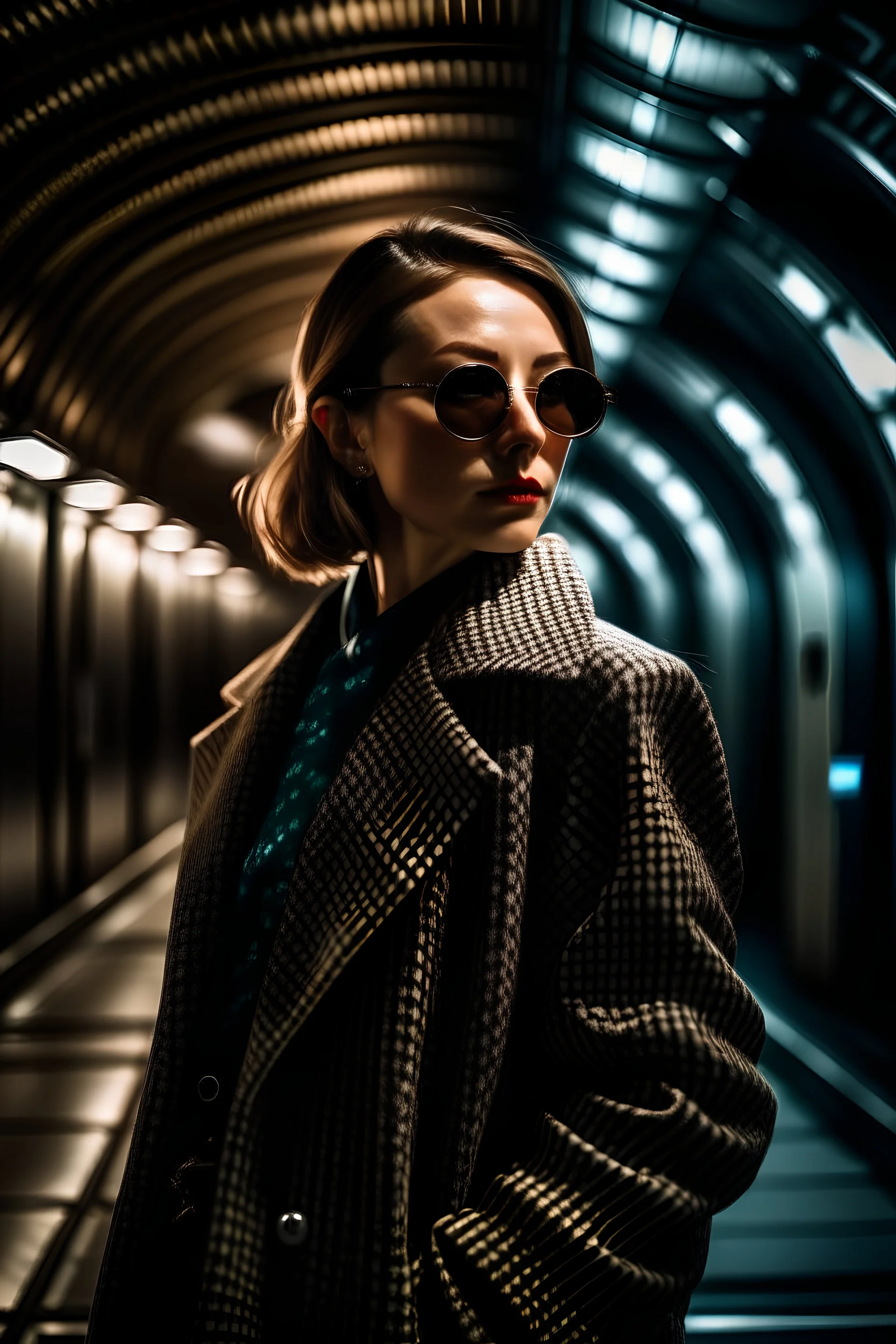 Woman in a dress and jacket, and sunglasses, looking slightly upward, under a bright vault fashion photography, real photography, 16K, background shot in tokyo at night, shot on leica, fashion portrait, by kith