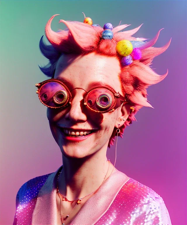 Ultra Realistic photo, medium shot view, drunken sweet dancer old blonde woman, carnival scene, monster hair, steampunk style. Sunglasses, Red hair, confeti, smile, happy, festival, ovnis, gradient color fog. highly detailed, concept art, unreal engine 5, ray tracing, RTX, lumen lighting, ultra detail, volumetric lighting, 3d, finely drawn, high definition, high resolution.