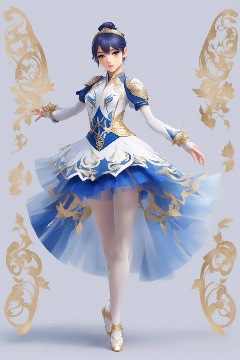 ballerina outfit, blue, blue and white tones, with gold patterns in the style of genshin impact