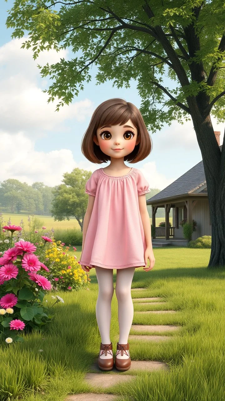a 5 percent carton like child girl with realistic face and bob hair and makeup in pretty top and short tight and nice shoes,looking like a beautifull lady standing in country side next to country house with flowers,trees.