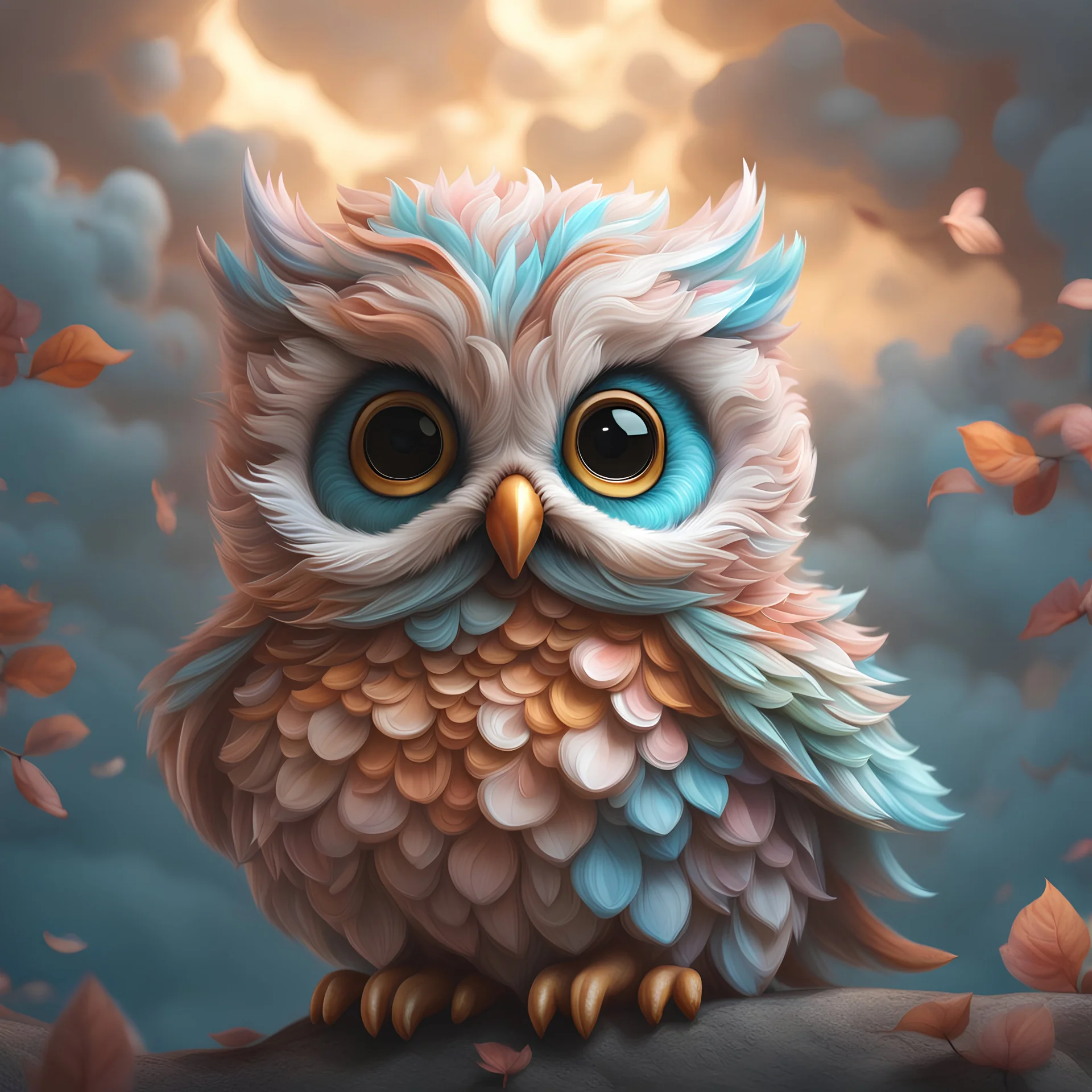 hyperdetailed, 4k, highres, masterpiece, Cute adorable chibi fluffy owl made of swirly clouds, whimsical and endearing style; Bright pastel colors colors; extreme detail; intricate motifs; gorgeous eyes: Bastien Lecouffe Deharme; jeremy_mann; andree_wallin : deep depth of field : bright dramatic lighting : craig_mullins; radial; maximalist; deviantart; Ray Tracing; Yoshikata Amano; Edwin Landseer; Ismail Inceoglu; Russ Mills; Victo Ngai; Bella Kotak; 3d; perfect composition, ultra-realistic, 8k