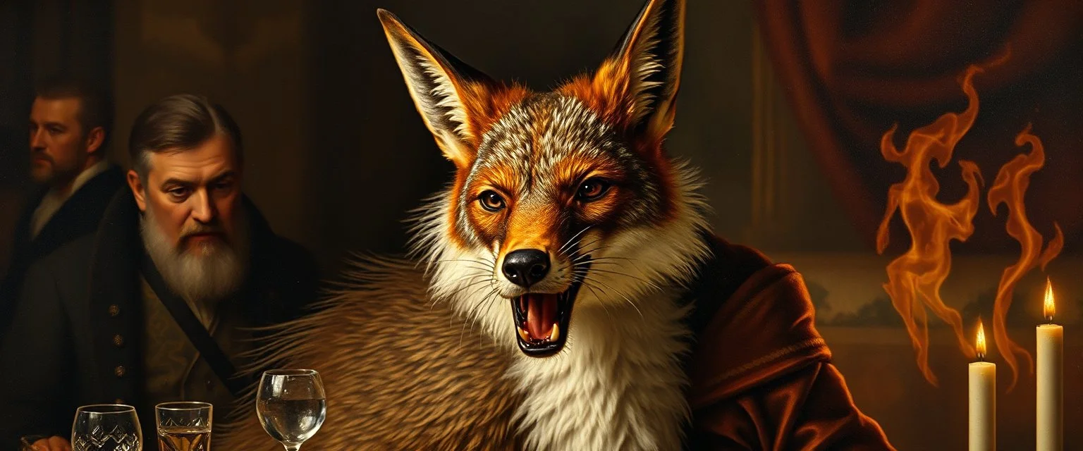 close up portrait painted by Rembrandt, stupid looking fire breathing dragon fox at banquet