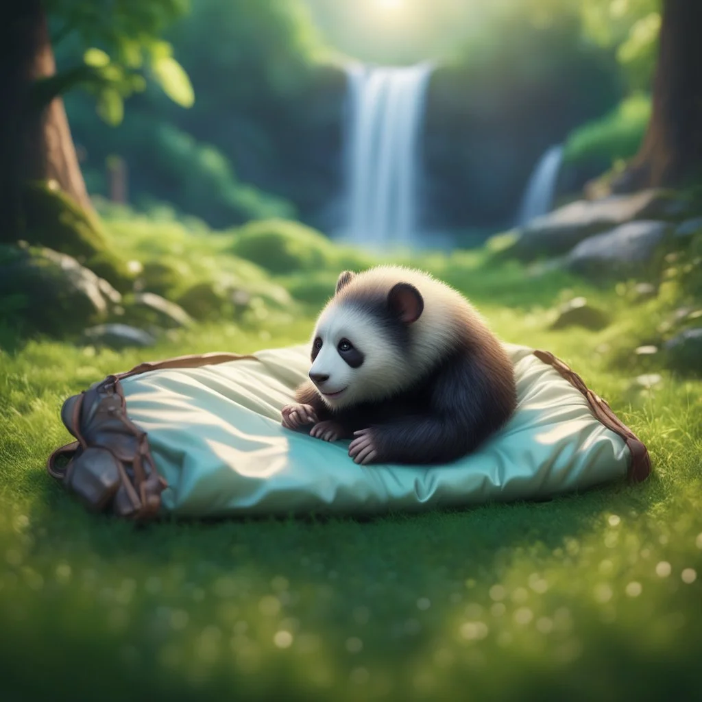 pen outline, waterfall, panda monkey rat in luxury sleeping bag on green lawn in magical forest ,bokeh like f/0.8, tilt-shift lens 8k, high detail, smooth render, down-light, unreal engine