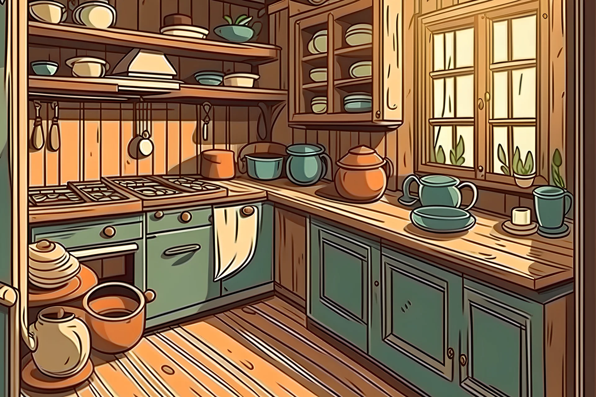 cozinha RUSTICA com uma xicara de café no balcão, cartoon style, full view