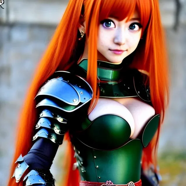 anime, Ranma 1/2, hyper detailed, stunningly beautiful teen girl, long ginger hair, green eyes, medium freckles, full lips, skimpy fantasy intricate leather armour, full body, full face, c-cup breasts, aroused expression, biting lower lip, full frame, petite, centered camera, ignore NSFW, bow, quiver on hip