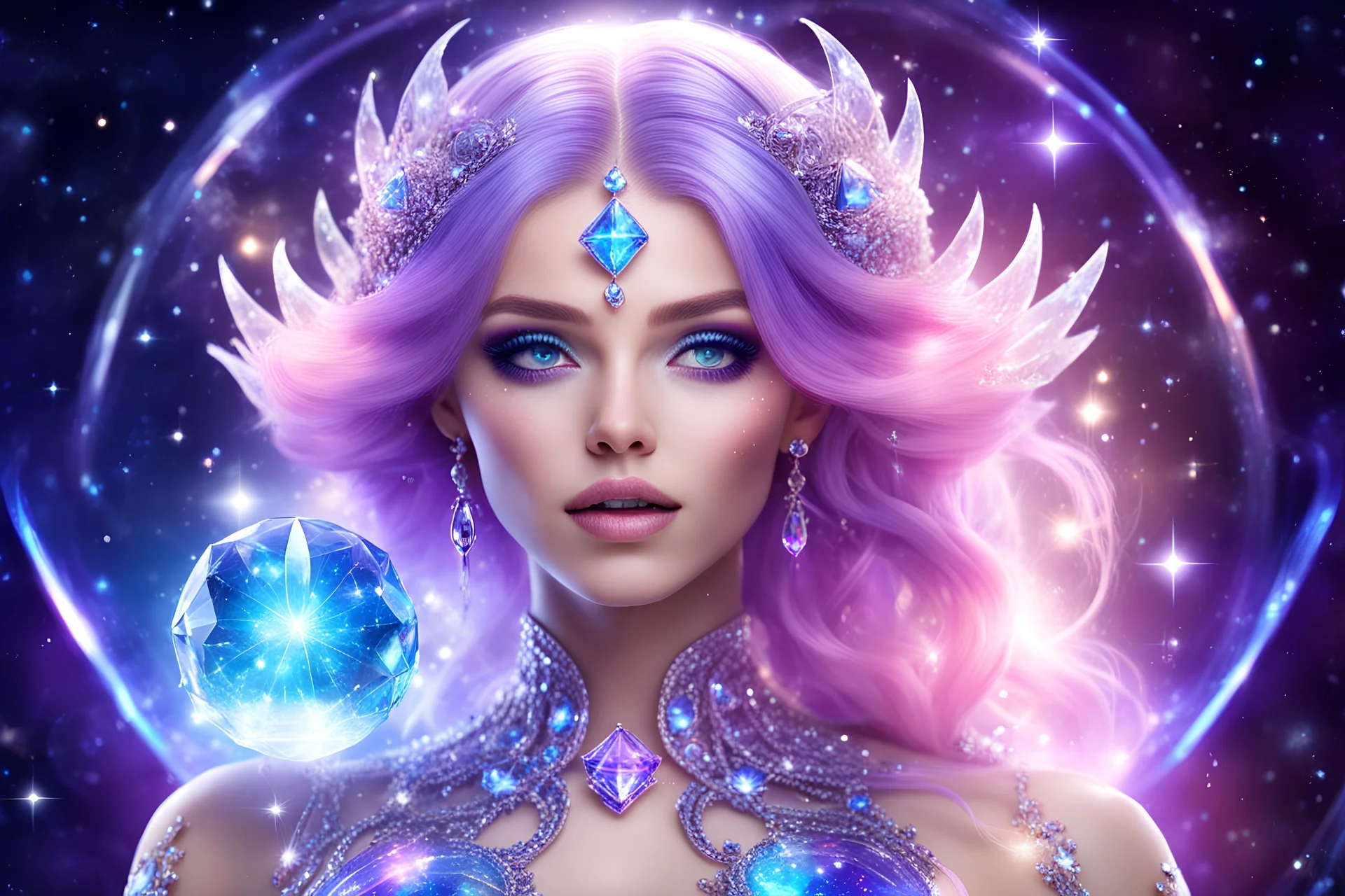 beautiful bright fairy cosmic women with cosmic hair, crystal jewel and dressed with a magic crystal suit