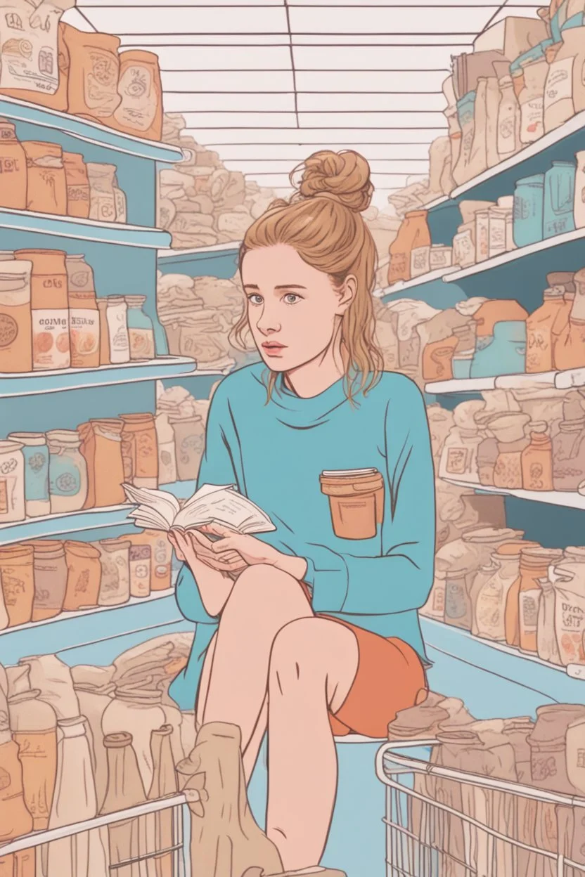 In the music video, a 23-year-old woman with brown/blonde hair and bright blue eyes. she has a messy bun. Standing in the freezer section of a supermarket. She is sitting in a cosy sofa with a small table next to her and a lamp. Reading a book. you can see it is cold. Wes anderson style. People are shopping near her. The freezers are behind her. There is only one book. You can see the shoppers next to her. The colors are green and orange. It is a happy vibe. she stands in between the products.