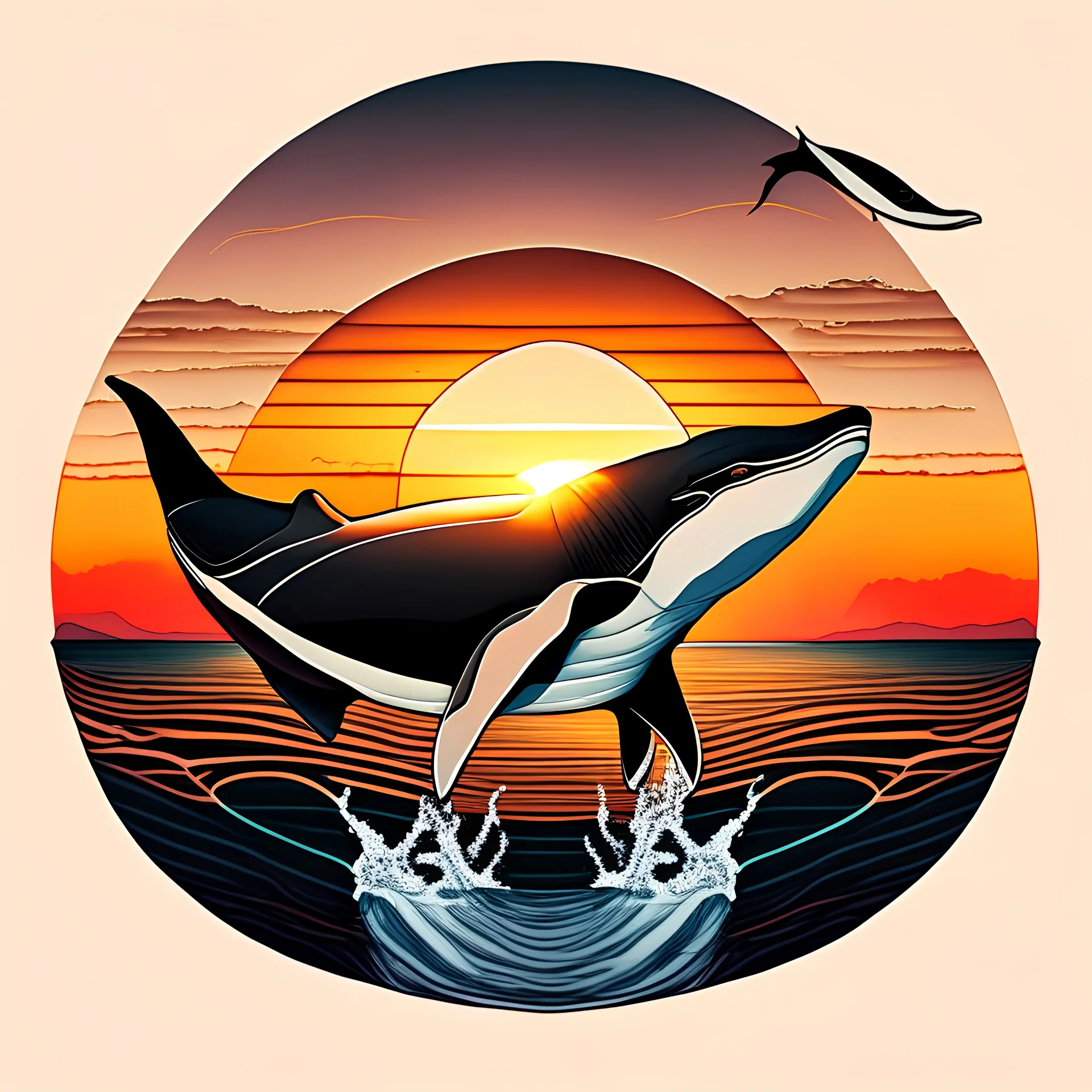 Singular orca, beautiful, sunset, centered, yacht, hand-drawn, asymmetrical
