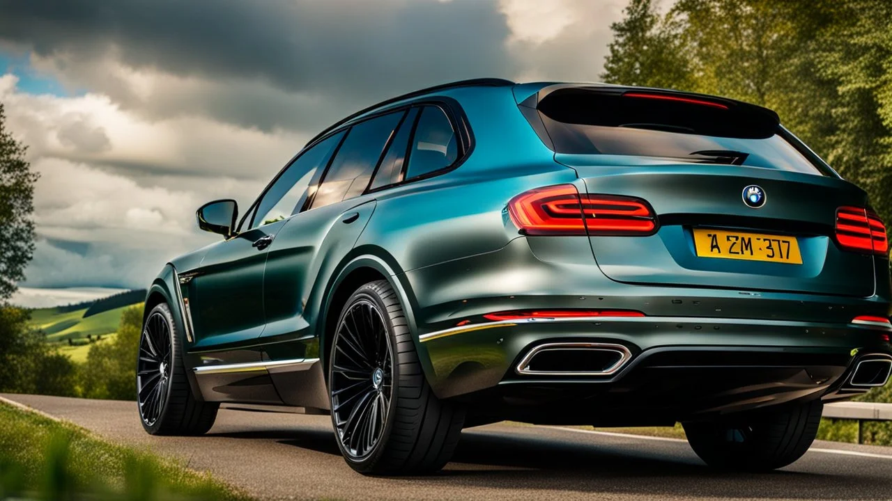 A sleek rear view of (((a cross of bmw and bentley bentayga))), on street, with hill and trees around, a beautiful clouds and sunny weather, 4K, Superdetailed, No mistakes