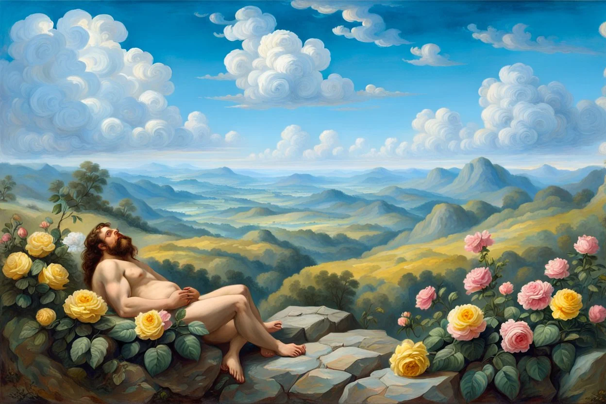 a handsome, fat man with a well-groomed, bearded face and long, curly hair. He is sitting naked on a rock, surrounded by a picturesque valley adorned with pink and yellow rose flowers. The spring sky above is adorned with breathtakingly beautiful clouds. like oil paintings 19th century