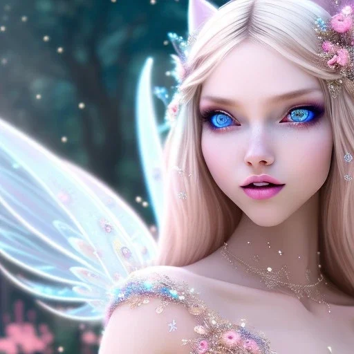 beautiful, soft, big smile face, whole head, long straight blonde hair blues eyes, crown on the head, clothing in transparent bluish and pink veil,fairy wings on the back, background brillante bluish and pink, hight definition, 8K