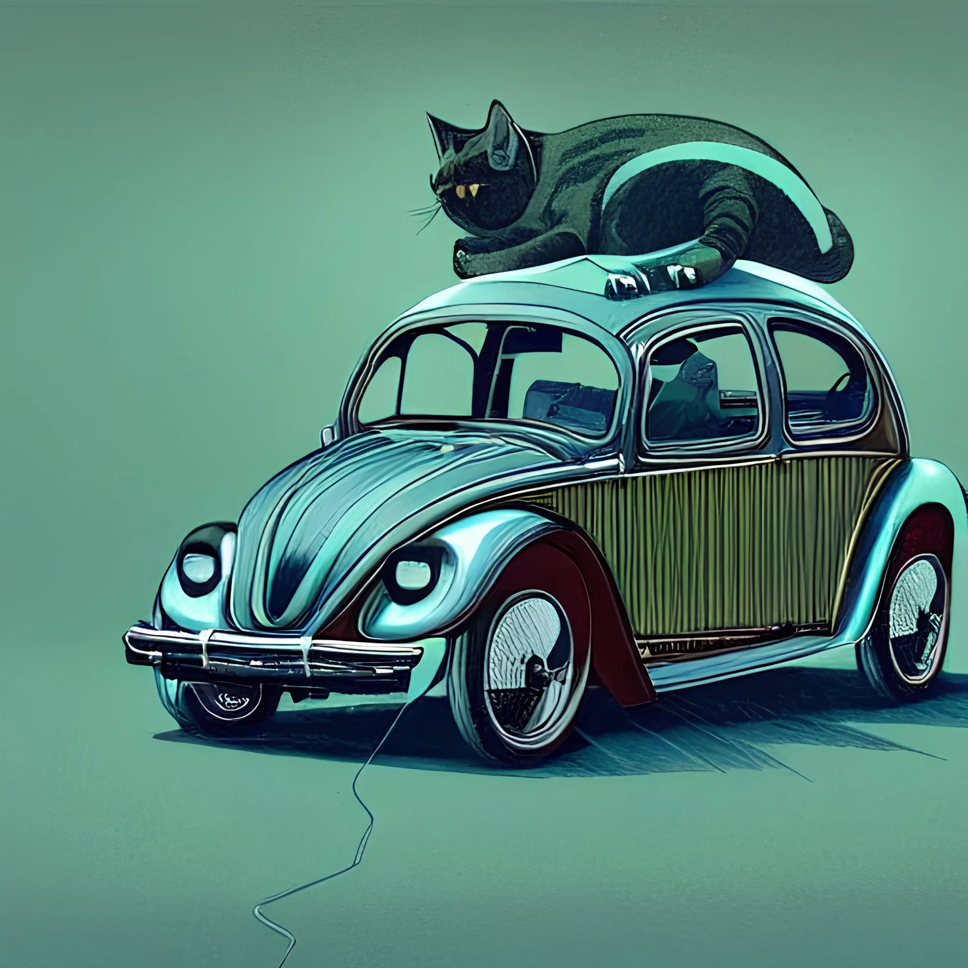 a cat driving a Volswagen beetle, car, side view, by victo ngai, kilian eng vibrant colours, dynamic lighting, digital art, winning award masterpiece, fantastically beautiful, illustration, aesthetically inspired by beksinski and dan mumford, trending on artstation, art by greg rutkowski, 8k