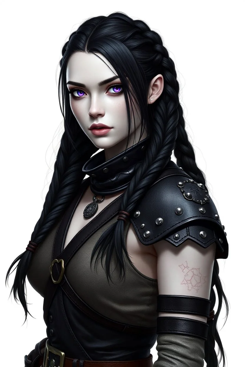 Female fallen aasimar ranger. White skin, purple eyes, black hair in box braids. Wearing black studded leather , all white background.