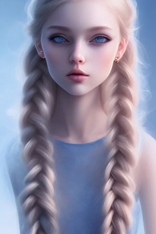 20 year old girl, cute, beautiful, blonde hair, one loose braid, blue eyes, big eyes, pale skin, blue dress, ice dress, long eyelashes, pink lipstick, thin lips, small nose, semirealistic, 8k resolution concept art portrait