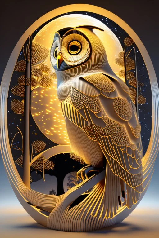 A captivating and mesmerizing 3D render of a striking minimalist silhouette of an owl, transformed into a nighttime scene. The owl's body is filled with a warm golden hue, representing a starlit sky and a radiant full moon. The center features a delicate, flying bird, symbolizing the owl's spirit. Beneath the owl, a serene landscape of pine trees and a resting owl unfolds, creating a sense of tranquility and harmony with nature. This enchanting illustration masterfully blends elements of wildlif