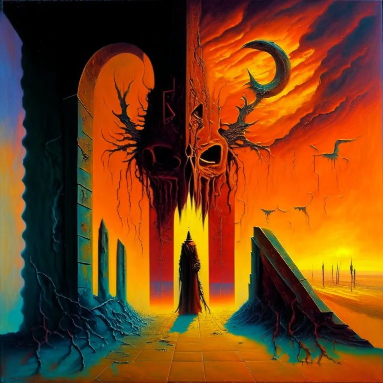 Conflicting timelines and heretical symbols, End of days Revelation scene, surreal horror, warm colors, By Pejac, by Michael Whelan, acrylic painting, expressionism