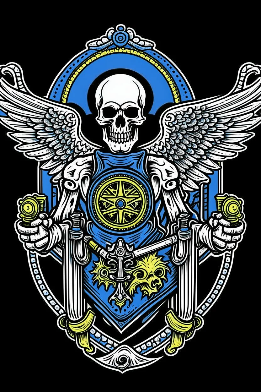 A coat of arms featuring the angel of death, and science fiction weapons