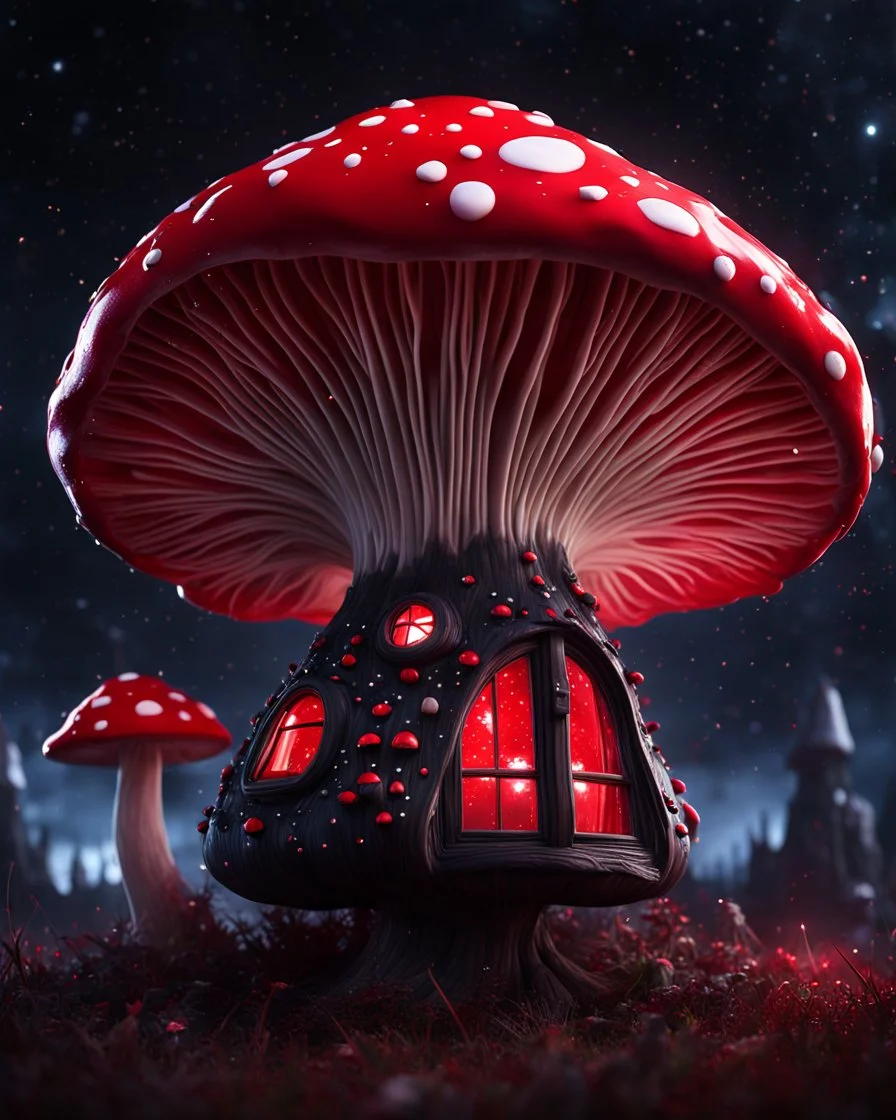 An illogically floating mushroom house on a clear night. white red black, Stars Dark cosmic interstellar. Detailed Matte Painting, deep color, fantastical, intricate detail, splash screen, hyperdetailed, insane depth, concept art, 8k resolution, trending on Artstation, Unreal Engine 5, color depth, backlit, splash art, dramatic, High Quality Whimsical Fun Imaginative Bubbly, perfect composition