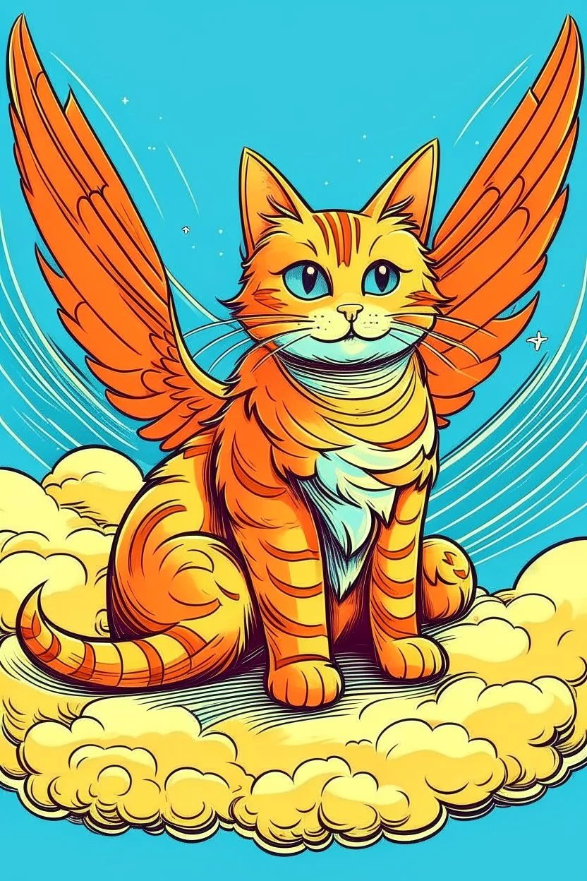 orange cat with stripes in heaven with wings and a marvel art style