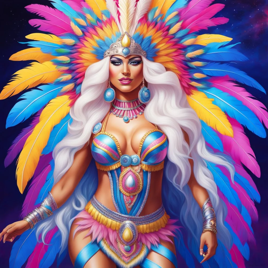 full body photorealistic portrait of a beautiful smiling amazonian carnival goddess with long parma white hair, colorful feathers tight hips with a tron like body suit in a cosmic surounding only blue , pink and yellow