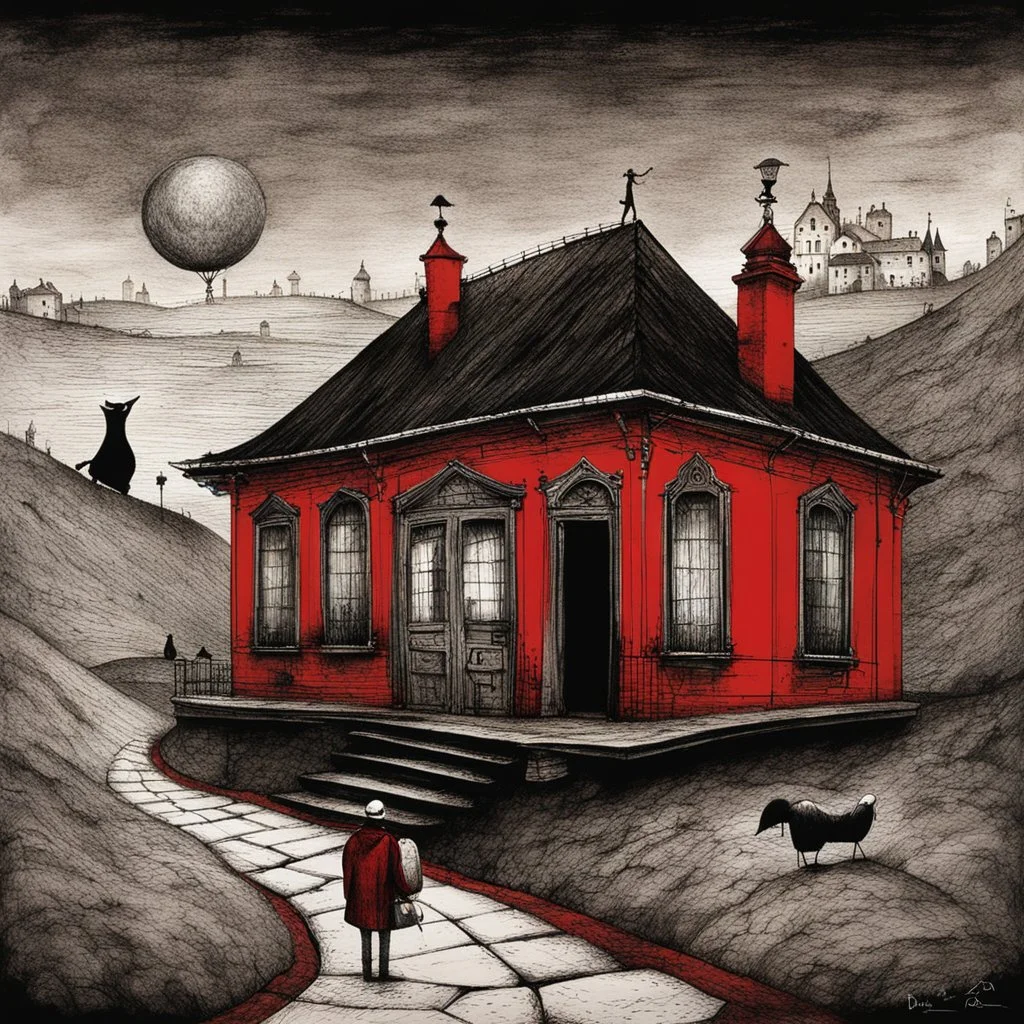 Ink illustration by Alexander Jansson, inspired by the unsettling symbolism of Santiago Caruso and Edward Gorey, popular culture infecting landscape, miasma of consumerism, sentient puppets, red and black dual color, line art punctuating the grim narrative, De stijl aesthetic, detailed sketch, chilling motifs, dramatic, textured surface, ominous representation, unsettling offbeat pop critique.