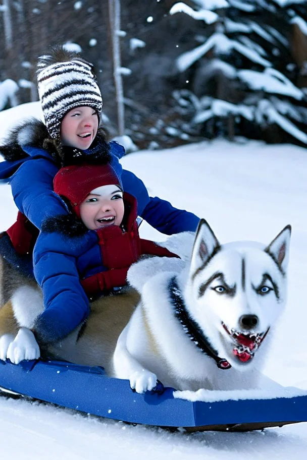 niño y niña viajan en un trineo tirado por un husky